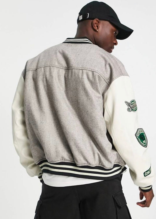 ASOS DESIGN oversized varsity jacket in a grey