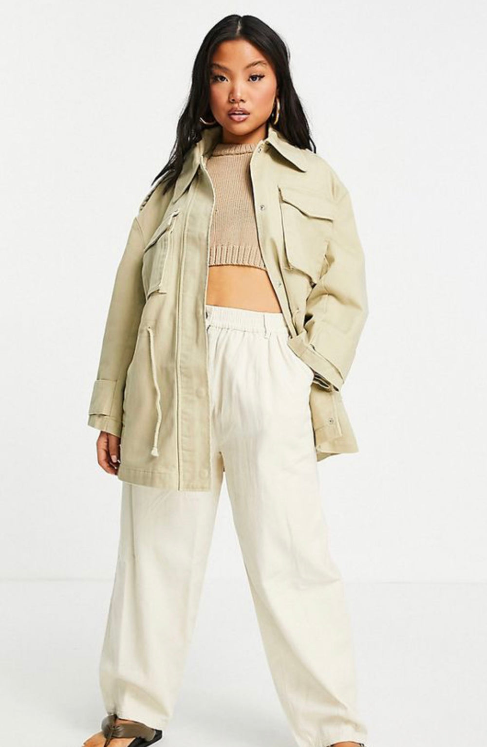 ASOS DESIGN Petite oversized jacket with pocket detail in stone