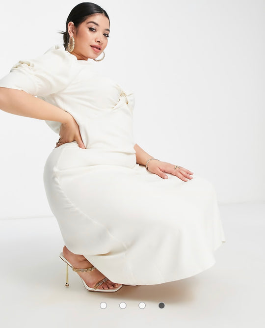 Closet London Plus twist front puff sleeve midi dress in cream
