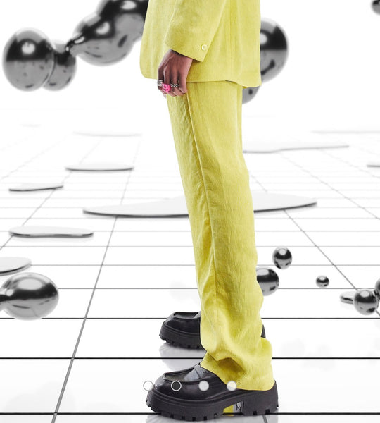 ASOS DESIGN wide leg suit trousers in yellow crinkle