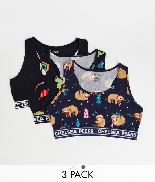 Chelsea Peers christmas sloths 3 pack briefs in navy and black