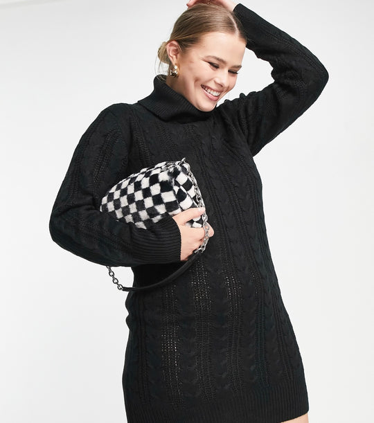 Brave Soul tiba roll neck cable knit dress in black