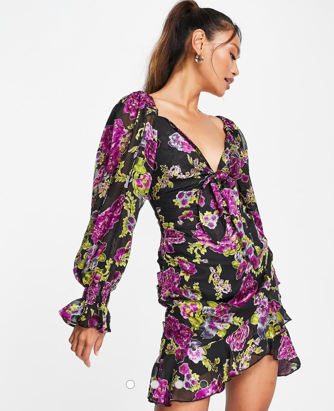 ASOS DESIGN tie front min dress with ruffle skirt in dark floral