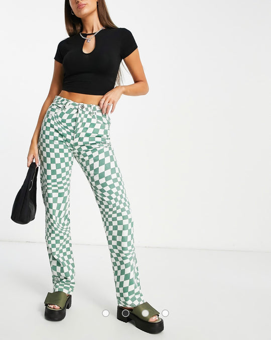 Cotton On Green Checkerboard Long Straight Jean