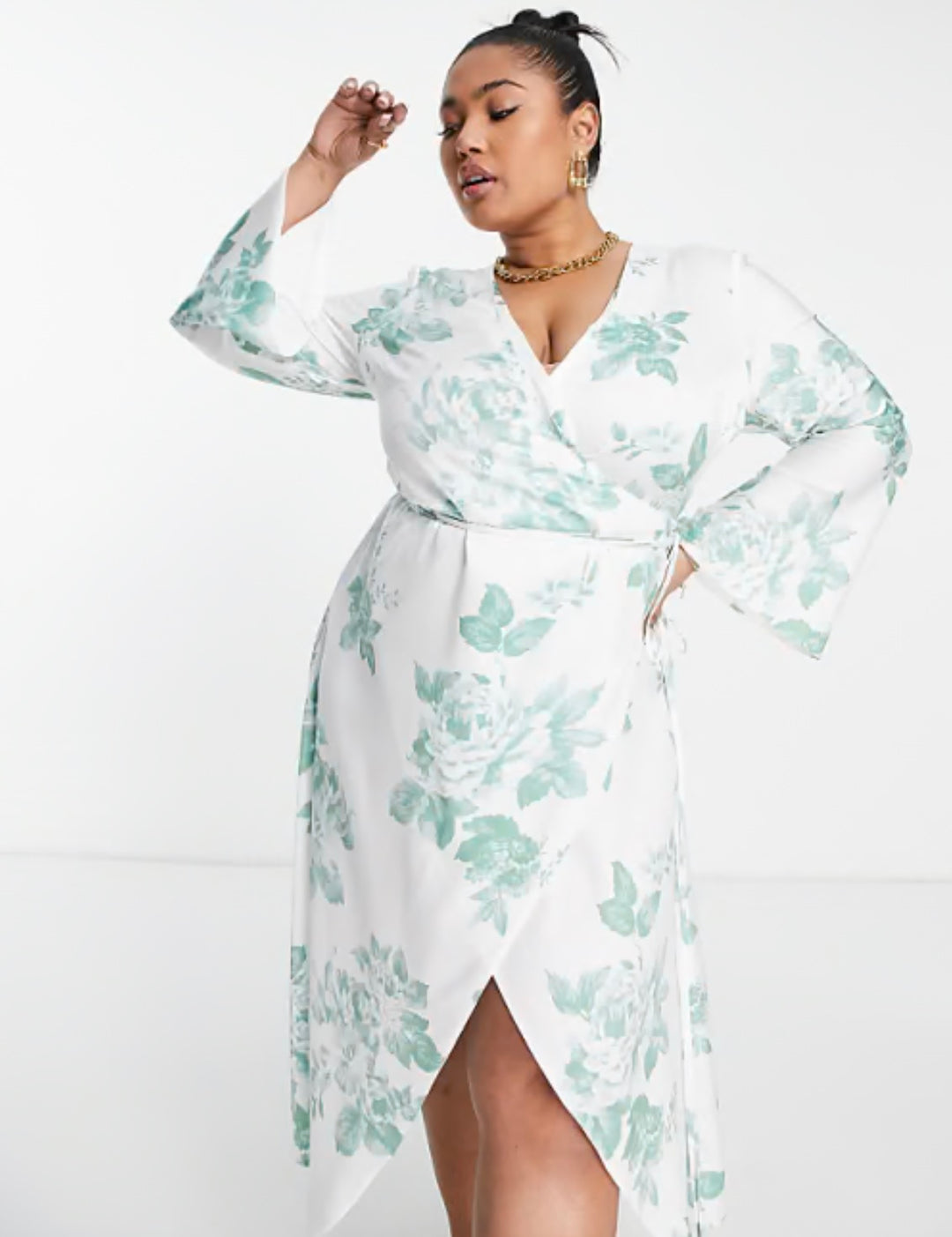 ASOS DESIGN Curve exclusive bias cut satin wrap in white with green floral