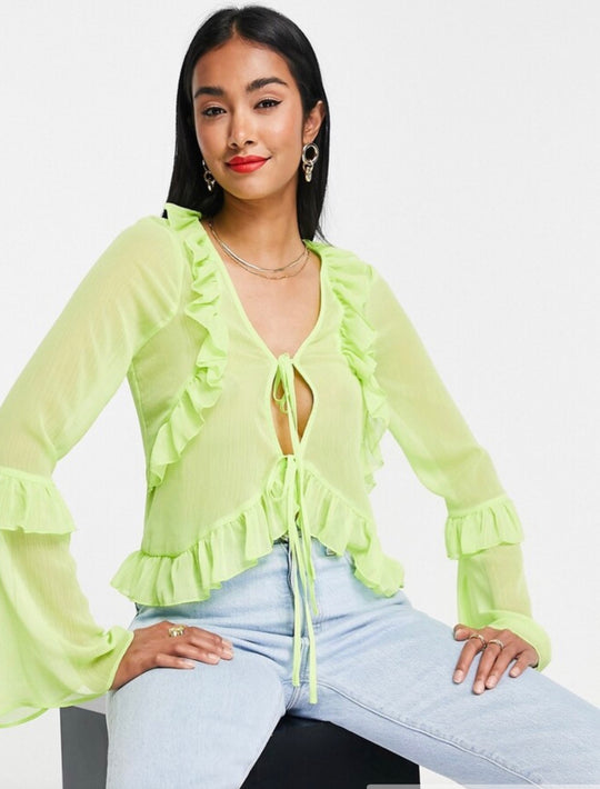 ASOS DESIGN tie front frill neck sheer blouse in lime green