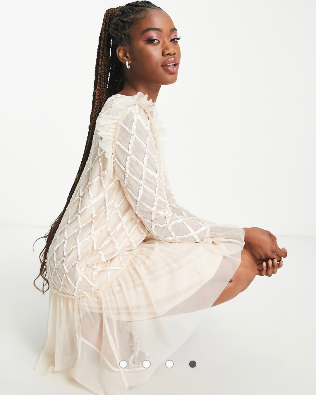 Little Mistress embellished diamond tulle mini dress in cream