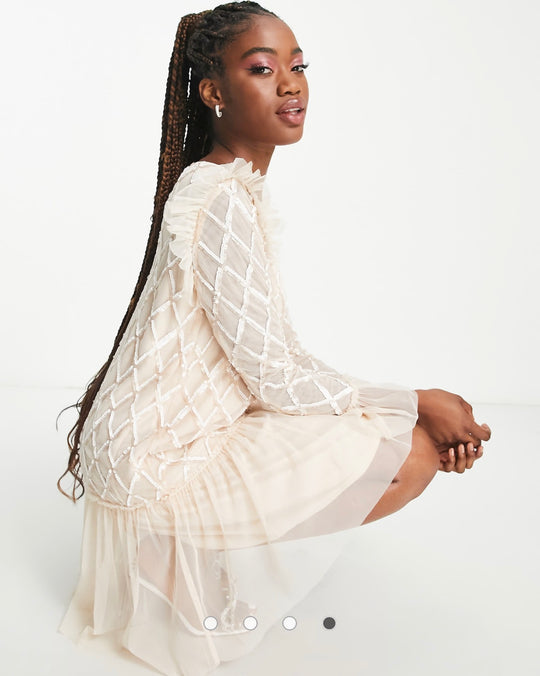 Little Mistress embellished diamond tulle mini dress in cream