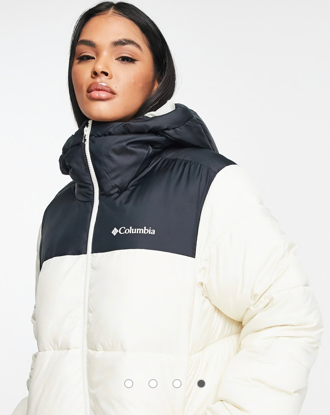 Columbia Puffect long line puffer coat in beige/black