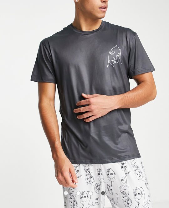 Loungeable face print long pyjama set in black and white