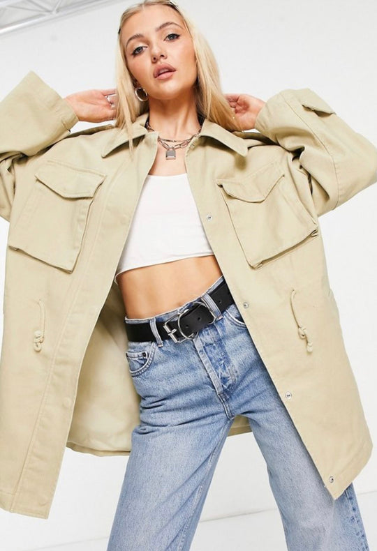 ASOS DESIGN Petite oversized jacket with pocket detail in stone