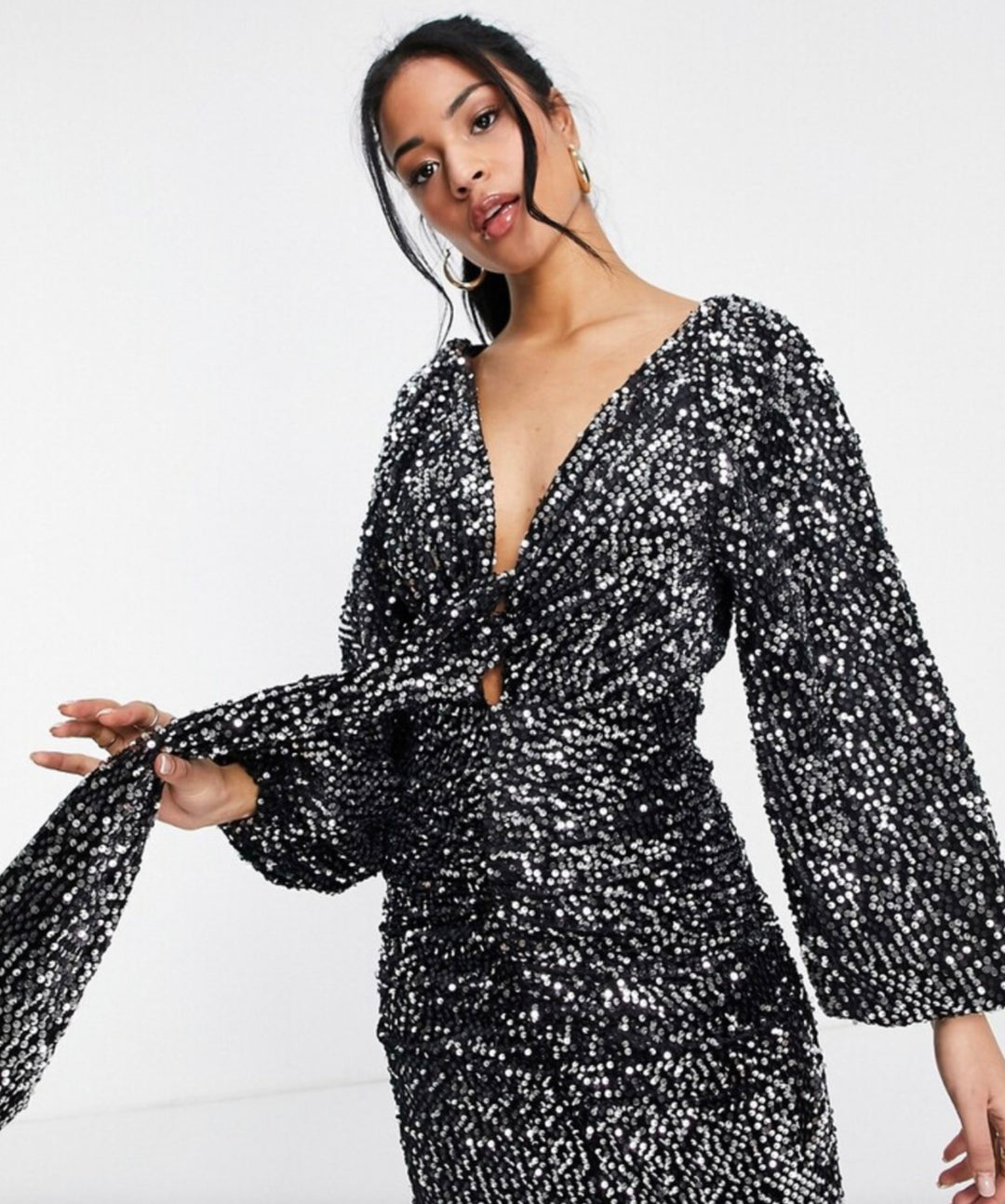 ASOS DESIGN Tall sequin balloon sleeve plunge midi dress in Black