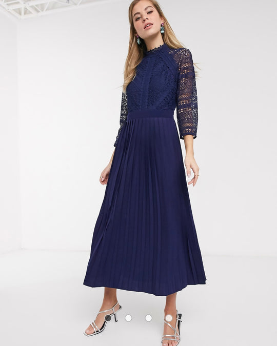 Little Mistress lace detail midaxi dress in navy blue
