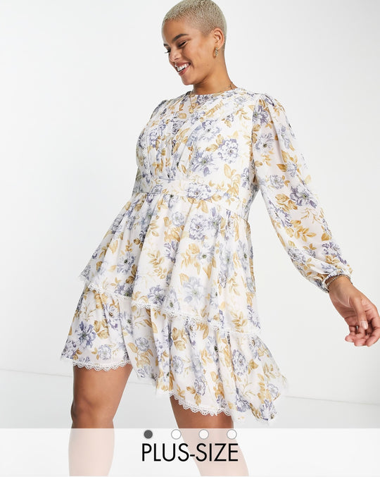 Forever New Elliot Curve trim splice dress in blue floral