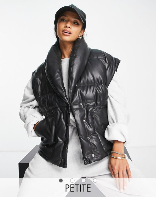 Missguided Petite faux leather puffer gilet in black