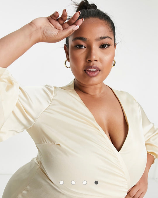 Liquorish Plus Bridesmaid satin wrap midi dress with