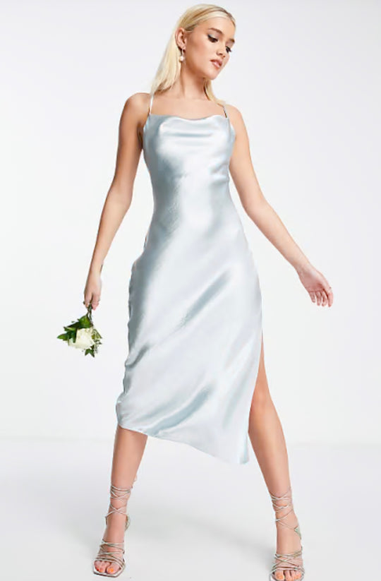 ASOS DESIGN bridesmaid satin lace up back midi dress in ice grey