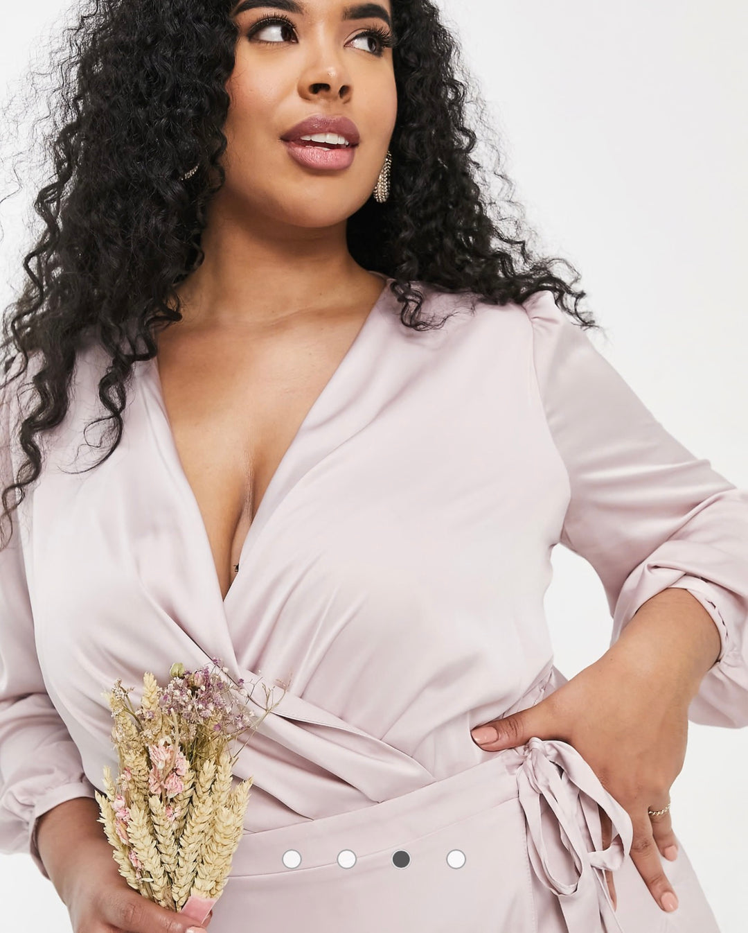 TFNC Plus bridesmaid satin long sleeve wrap front midi