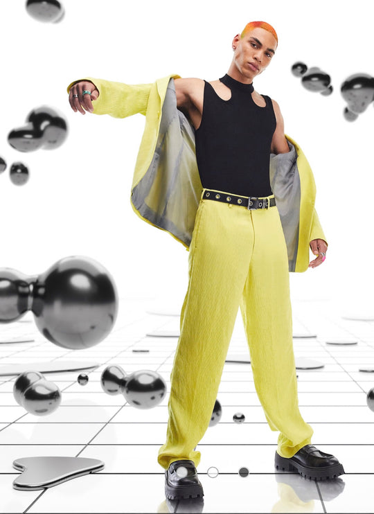 ASOS DESIGN wide leg suit trousers in yellow crinkle