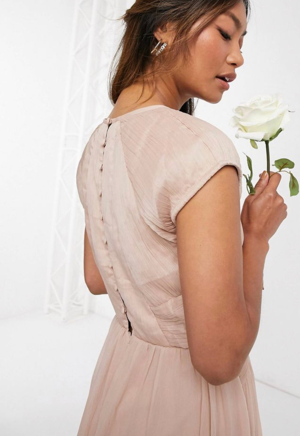 ASOS DESIGN Bridesmaid ruched bodice maxi dress with cap sleeve detail in soft blush