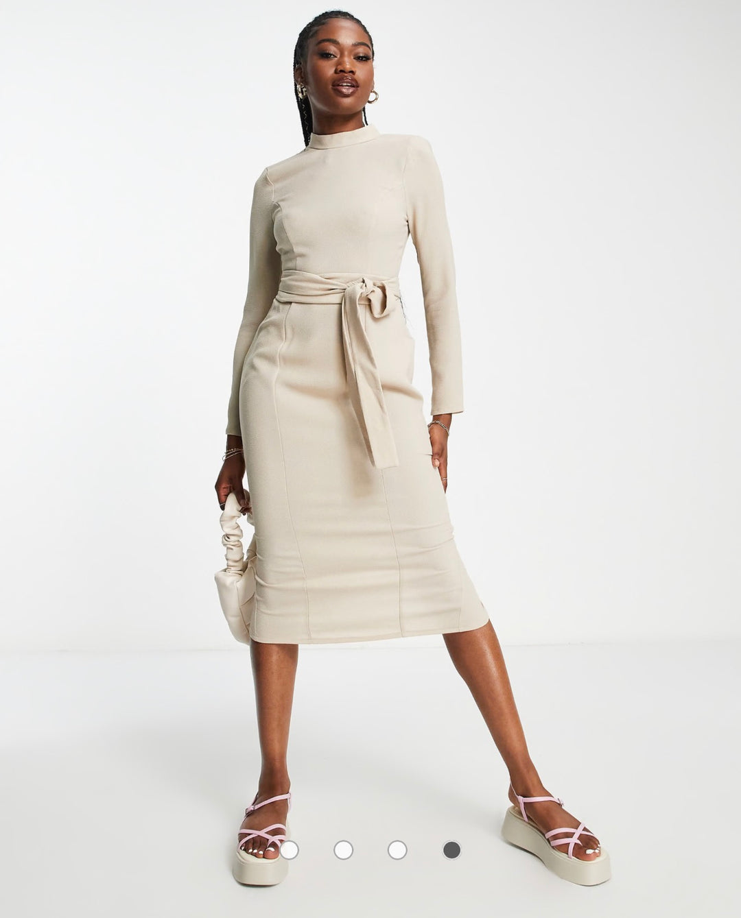 ASOS DESIGN long sleeve midi dress with obi belt in stone