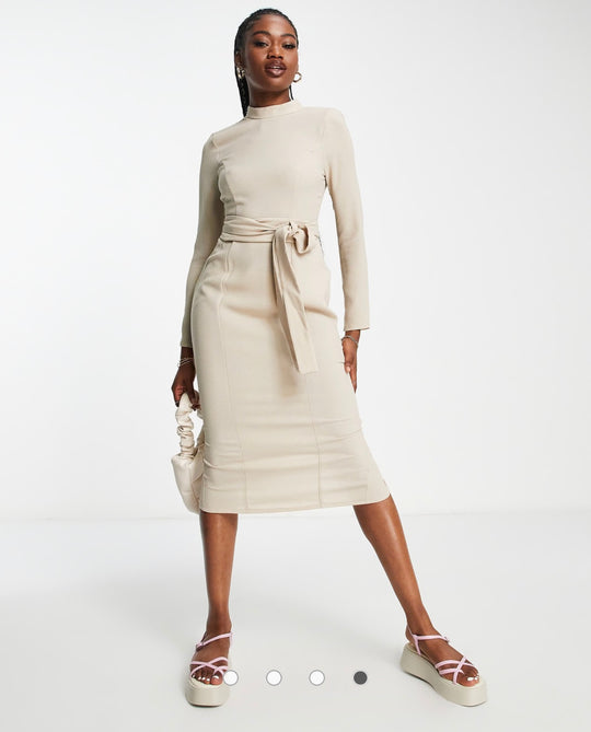 ASOS DESIGN long sleeve midi dress with obi belt in stone