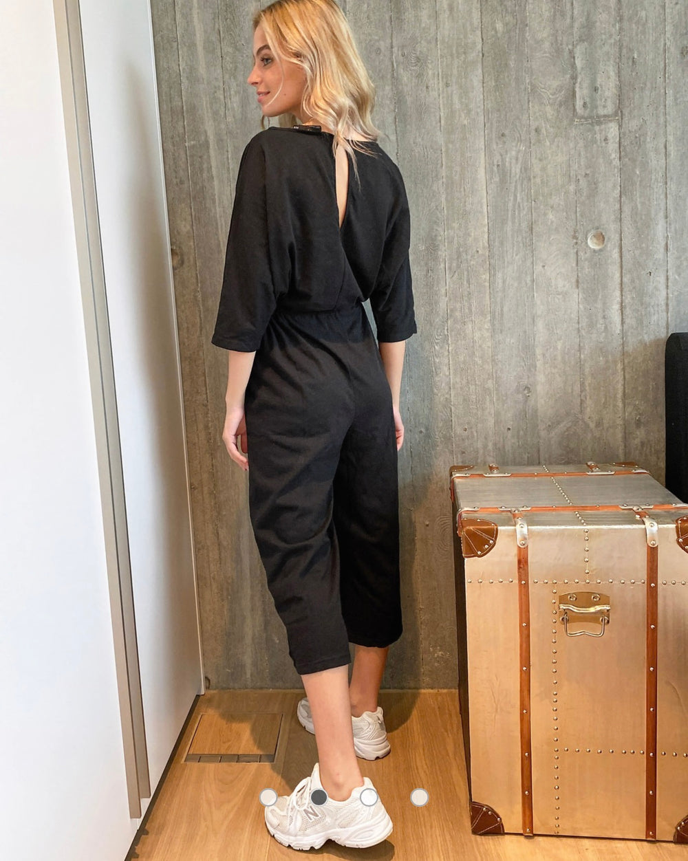 ASOS DESIGN petite tie waist slub jumpsuit in black