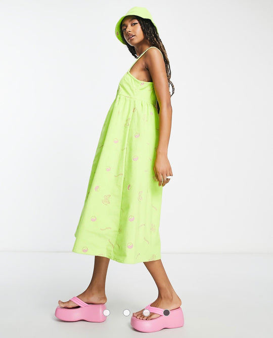COLLUSION cord cami trapeze maxi dress with embroidery in green