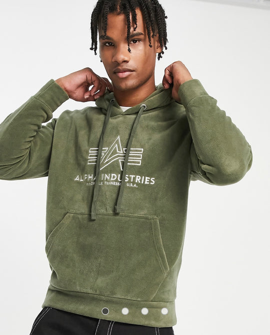 Alpha Industries logo front polar fleece hoodie in dark olive