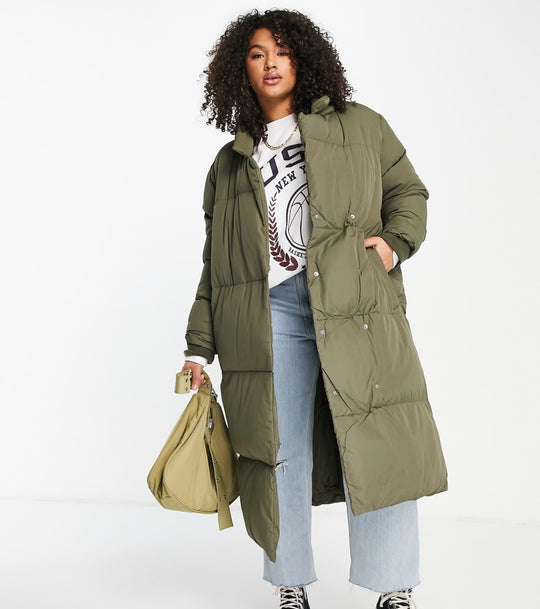 Threadbare Plus Kiwi oversized duvet maxi coat in khaki
