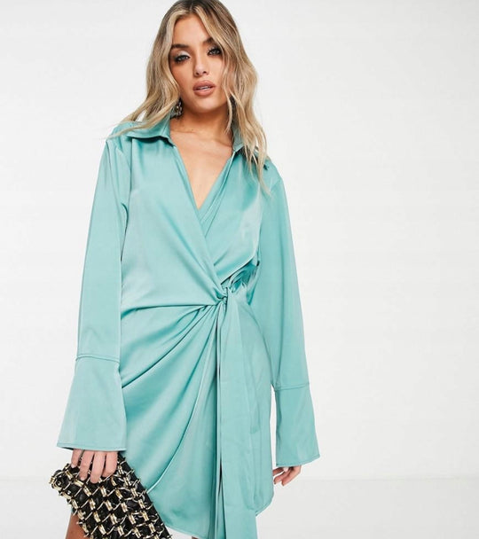 Public Desire Satin Wrap Dress in Aqua Blue