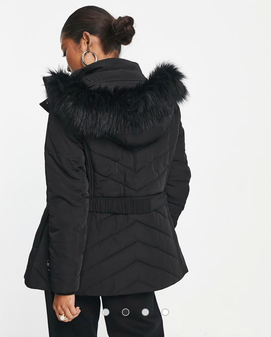 Forever New Petite quilted longline jacket with belt in black