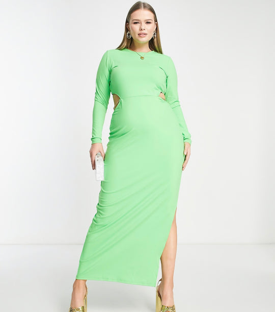 Simmi Plus Clothing long sleeve cut out waist maxi dress in green