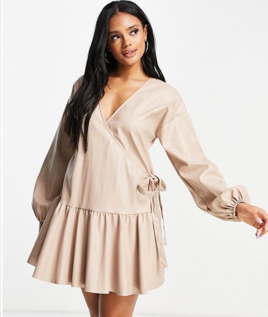 ASOS DESIGN leather look wrap front mini smock dress in stone
