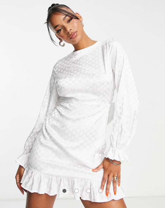 Blume Bridal satin spot mini dress with bow back in white