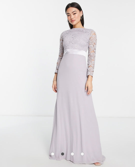 TFNC Bridesmaids chiffon maxi dress with lace scalloped back and long sleeves in grey