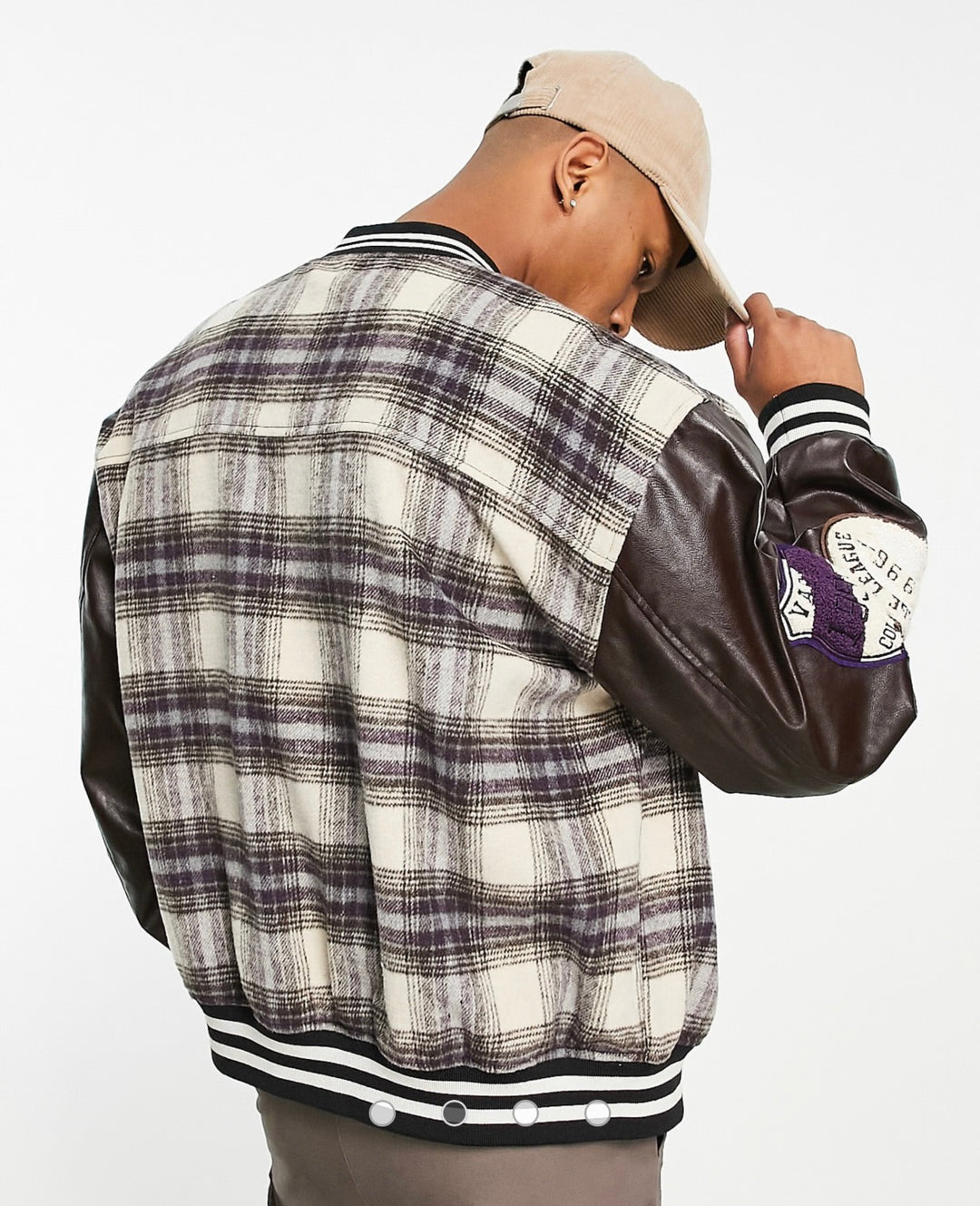 ASOS DESIGN oversized varsity bomber jacket in brown check