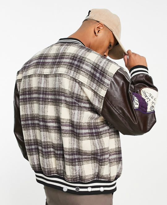 ASOS DESIGN oversized varsity bomber jacket in brown check