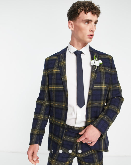 ASOS DESIGN slim suit jacket in blue and yellow