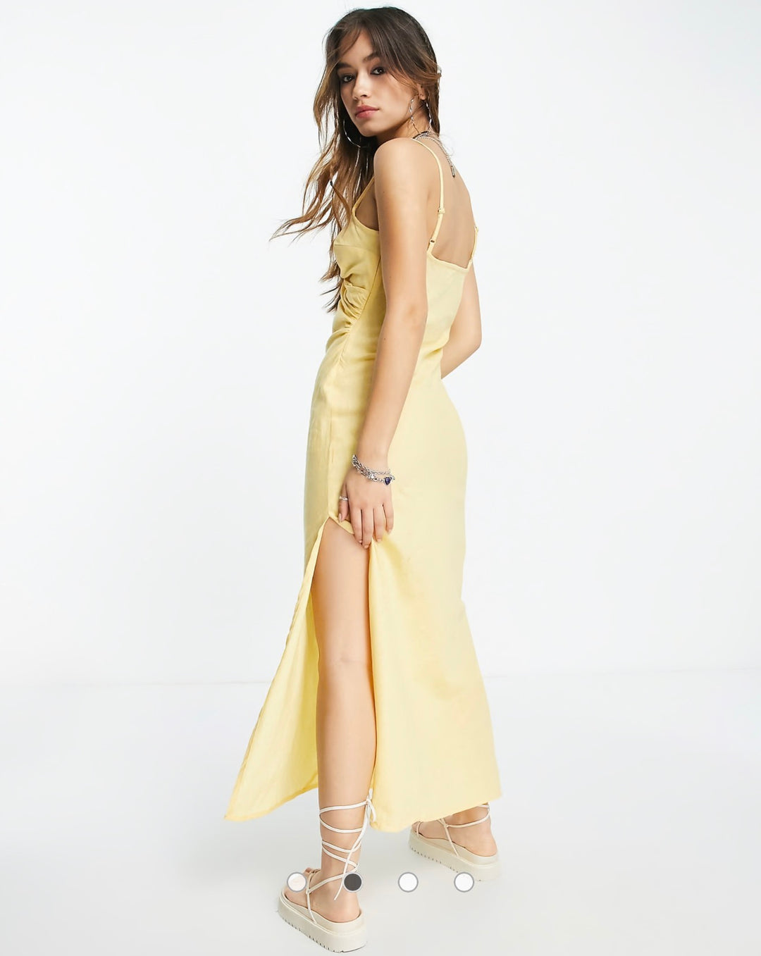 ASOS DESIGN linen strappy ruched side split leg midi sundress in lemon