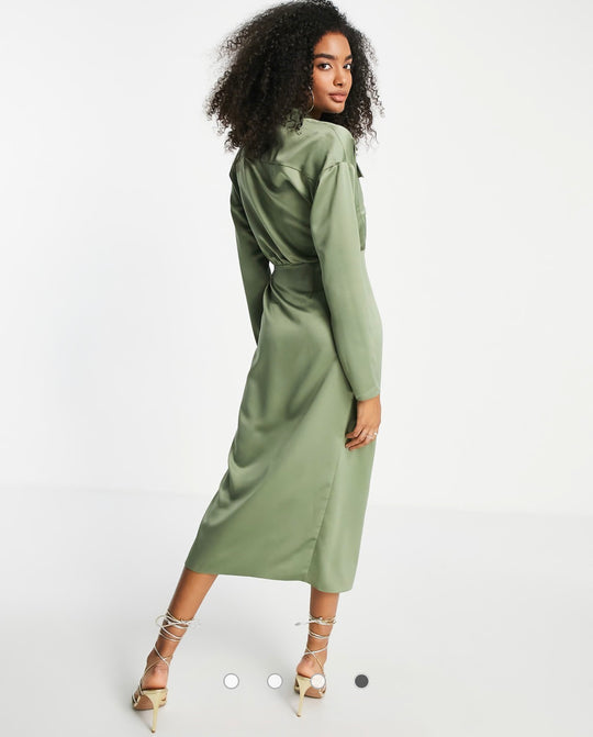 ASOS DESIGN satin collared wrap midi shirt in khaki
