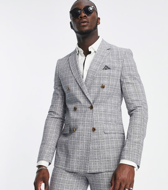Harry Brown checked double breasted slim fit suit jacket in grey