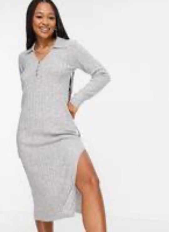 ASOS DESIGN stickad midiklänning med krage och knappar framtill i grått
