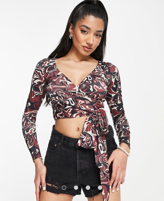 Monki wrap long sleeve cropped top in brown
