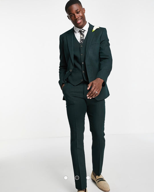 ASOS DESIGN wedding skinny wool mix suit trousers in forest green herringbone