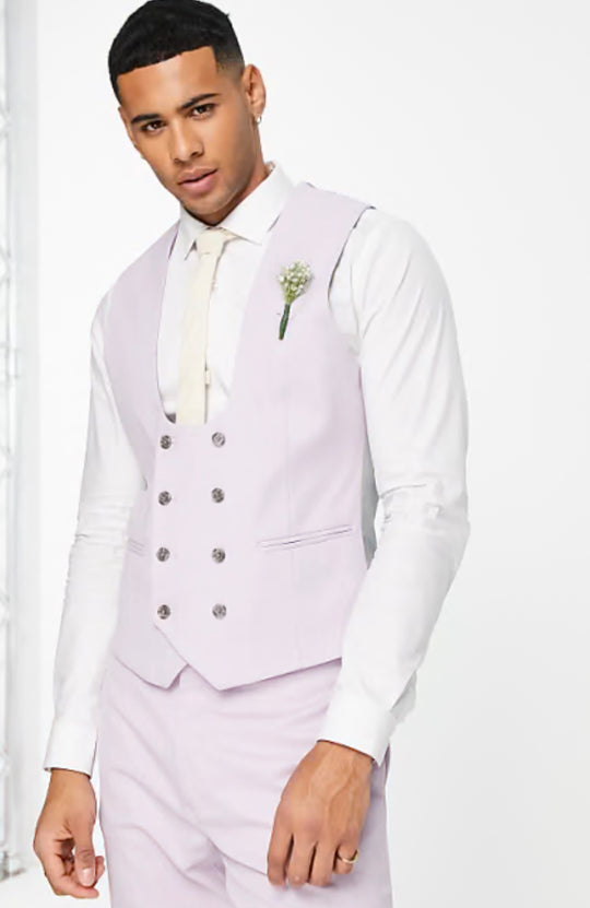 ASOS DESIGN wedding super skinny suit waistcoat lavender frost micro texture in light pink