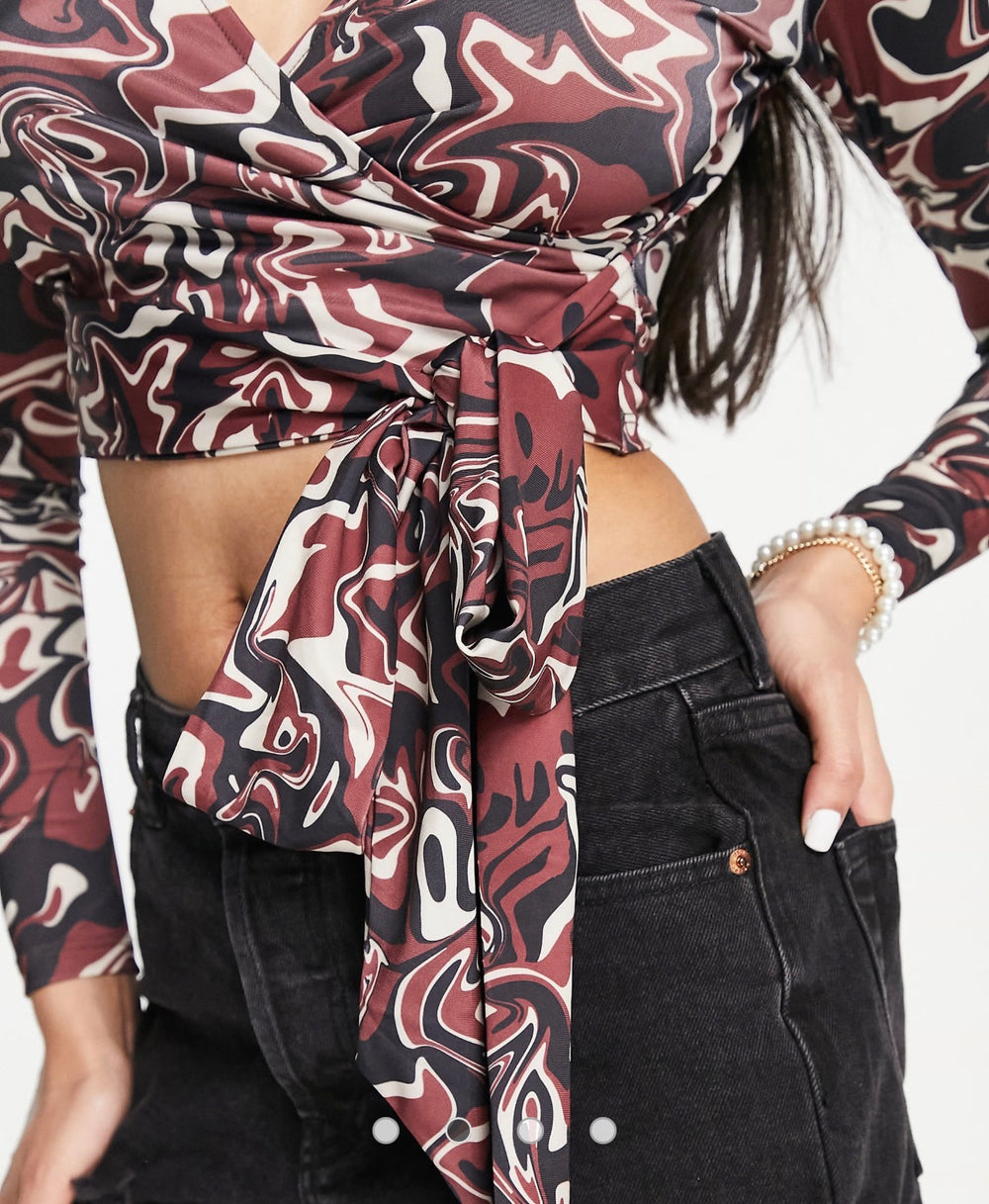 Monki wrap long sleeve cropped top in brown