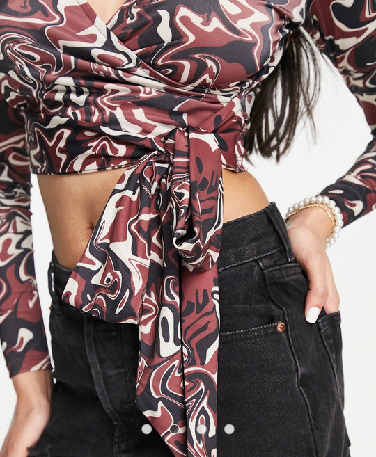 Monki wrap long sleeve cropped top in brown