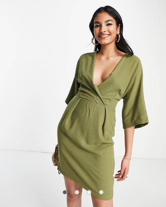 Closet London Plus tie back wrap front mini dress in olive