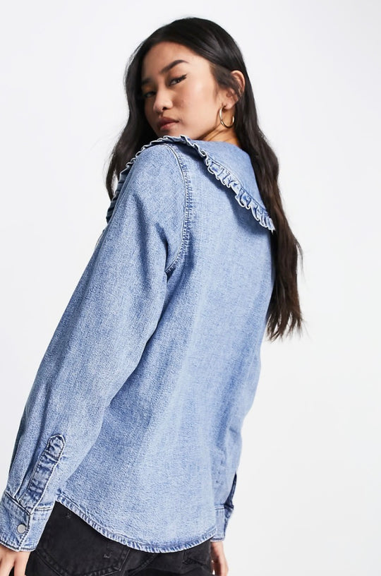 Monki denim shirt with frill collar in blue